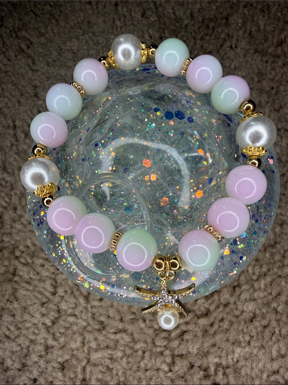 Delicate Pastel Bead Bracelet with Starfish Charm - Women Jewelry